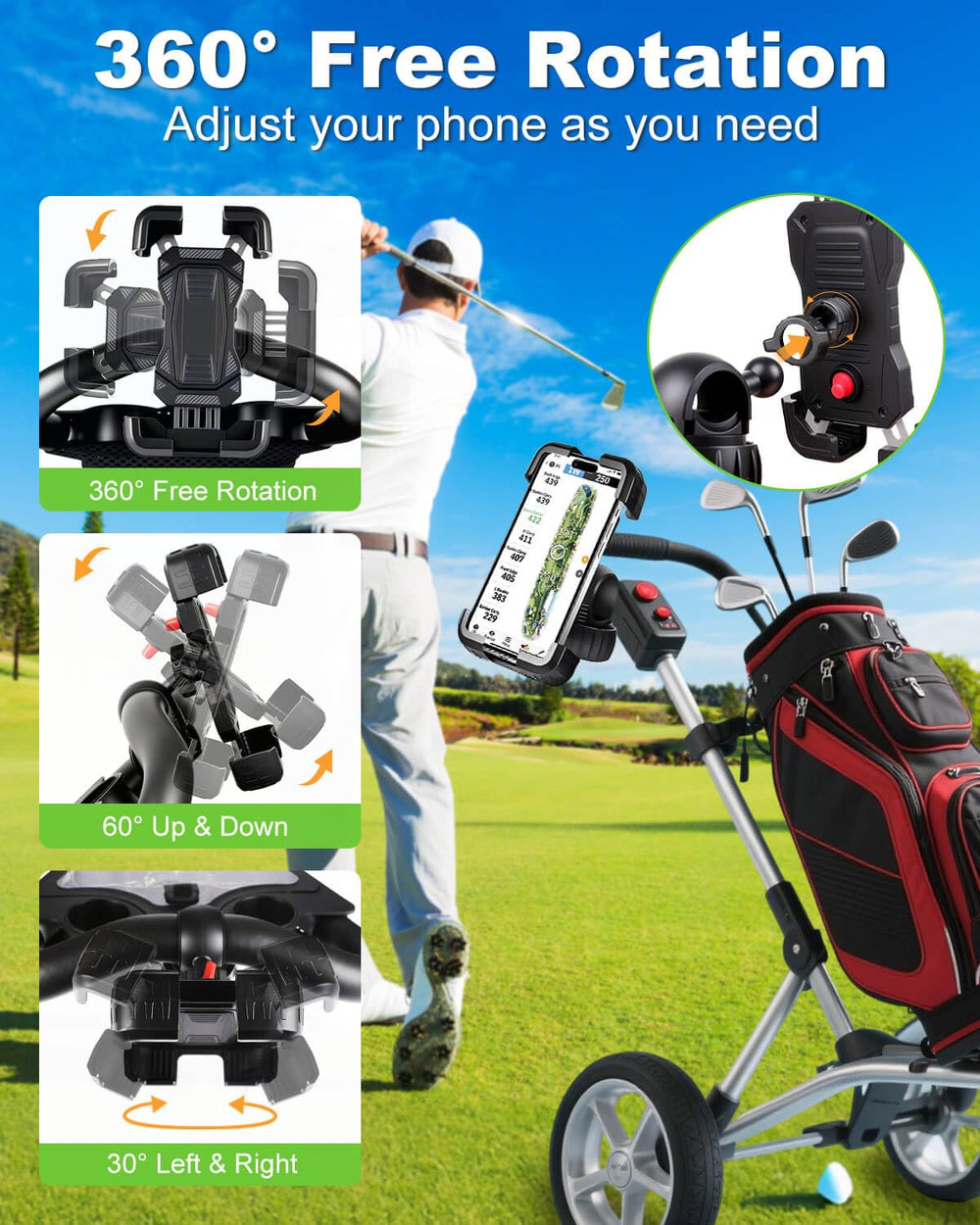 LEAPGOMAX lifestyle shot with golfer walking and phone accessible on cart