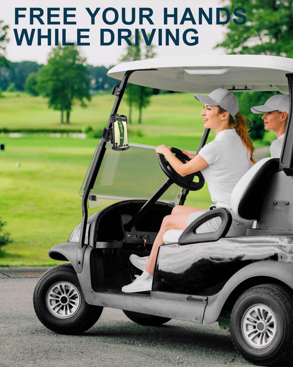 LEAPGOMAX lifestyle shot of golfer using the holder for course directions