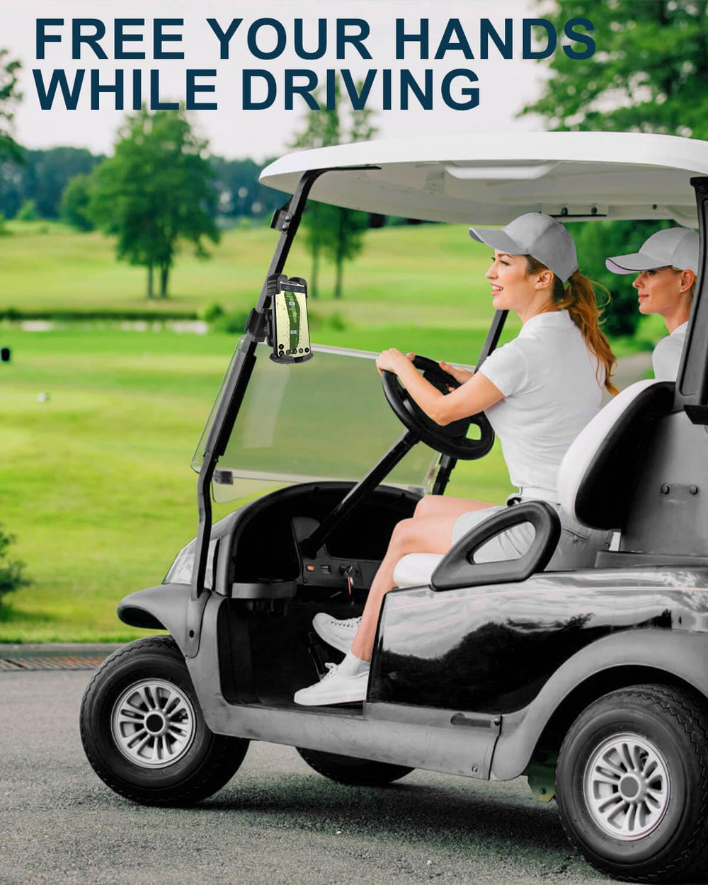 LEAPGOMAX lifestyle shot of golfer using the holder for course directions