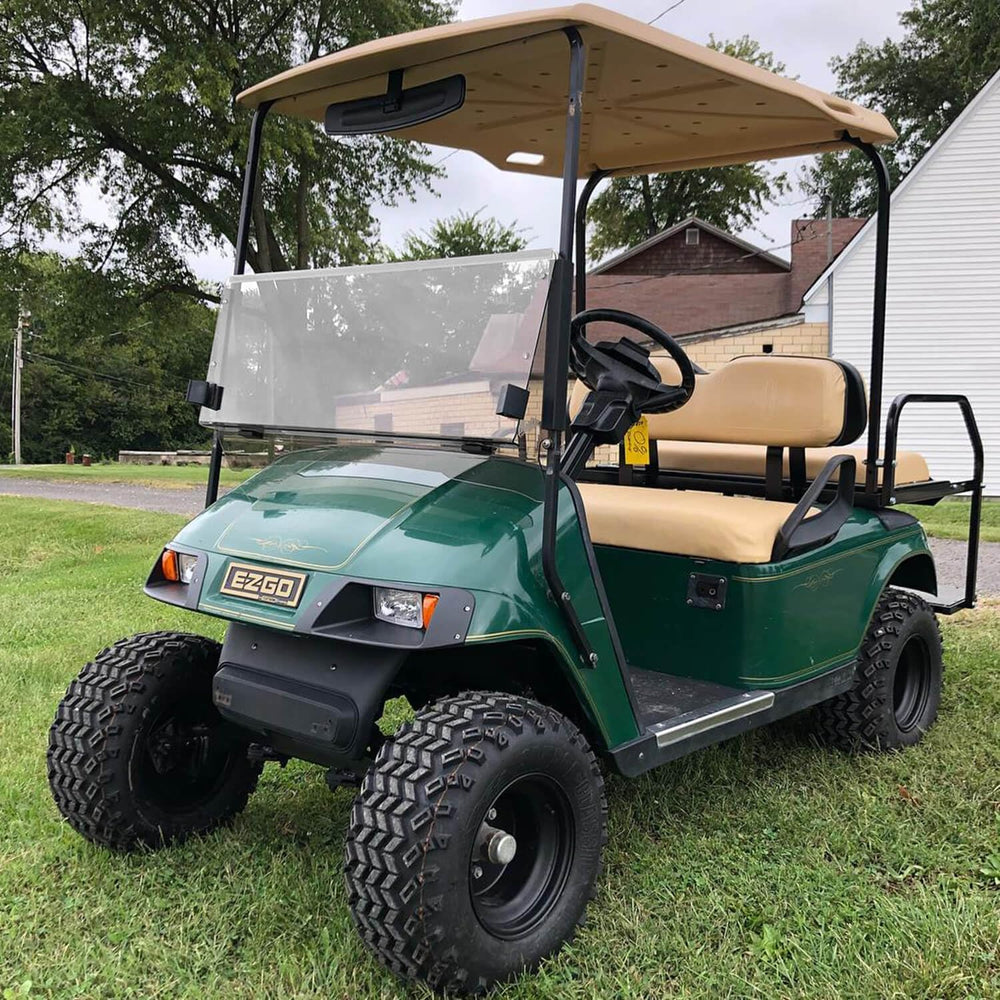 LEAPGOMAX installed on a golf cart in use conveying improved windshield stability benefit