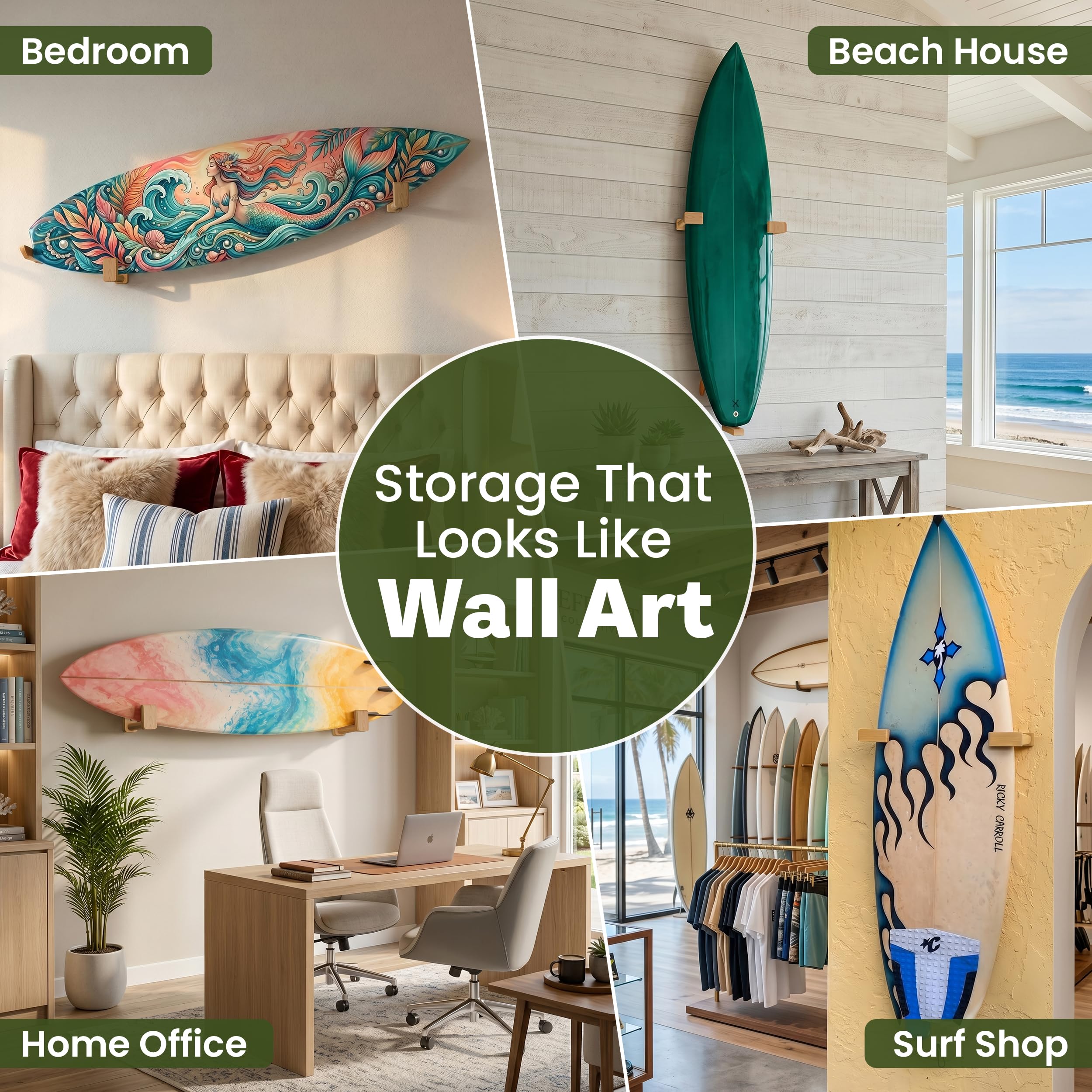 LEAPOAK horizontal display adding surfboard wall art to living room