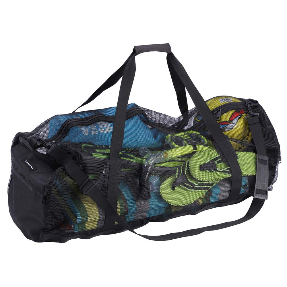Leberna front view of extra large mesh duffle showing roomy capacity and ventilation