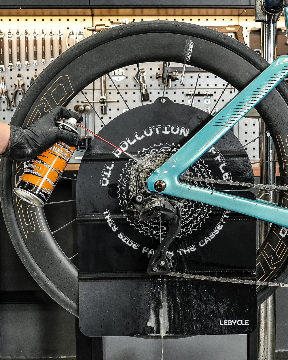 LEBYCLE tucked into toolkit for neat garage storage