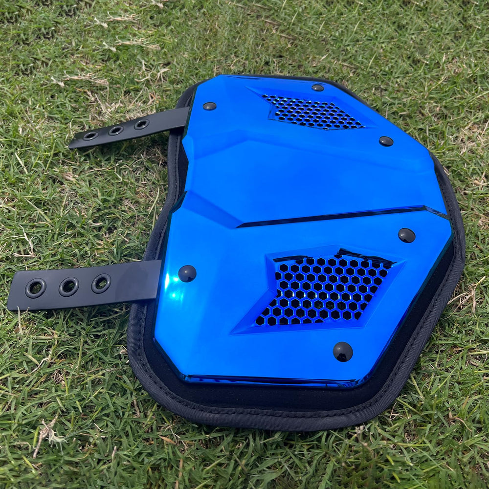LeCool player wearing chrome blue back plate in game setting showing confident field performance