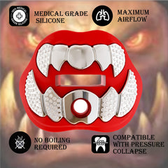 LeCool mouth guard attached to helmet with strap showing secure fit during play