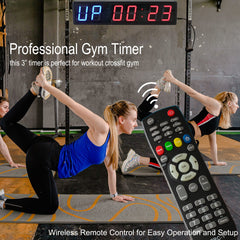 Ledgital remote control held in hand showing simple one-touch workout access
