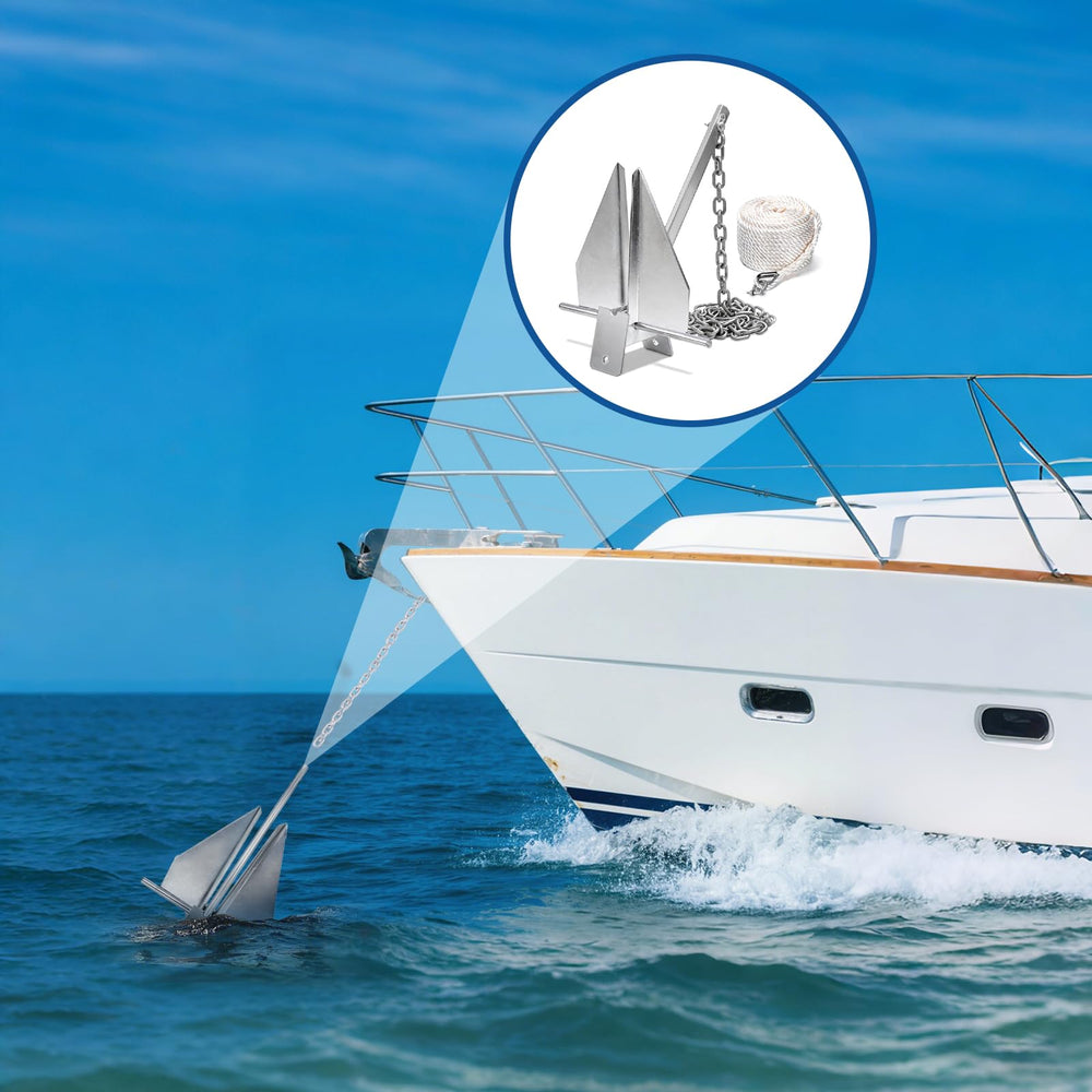 Leero anchor next to ruler for size comparison showing appropriate scale for 12–22 ft boats