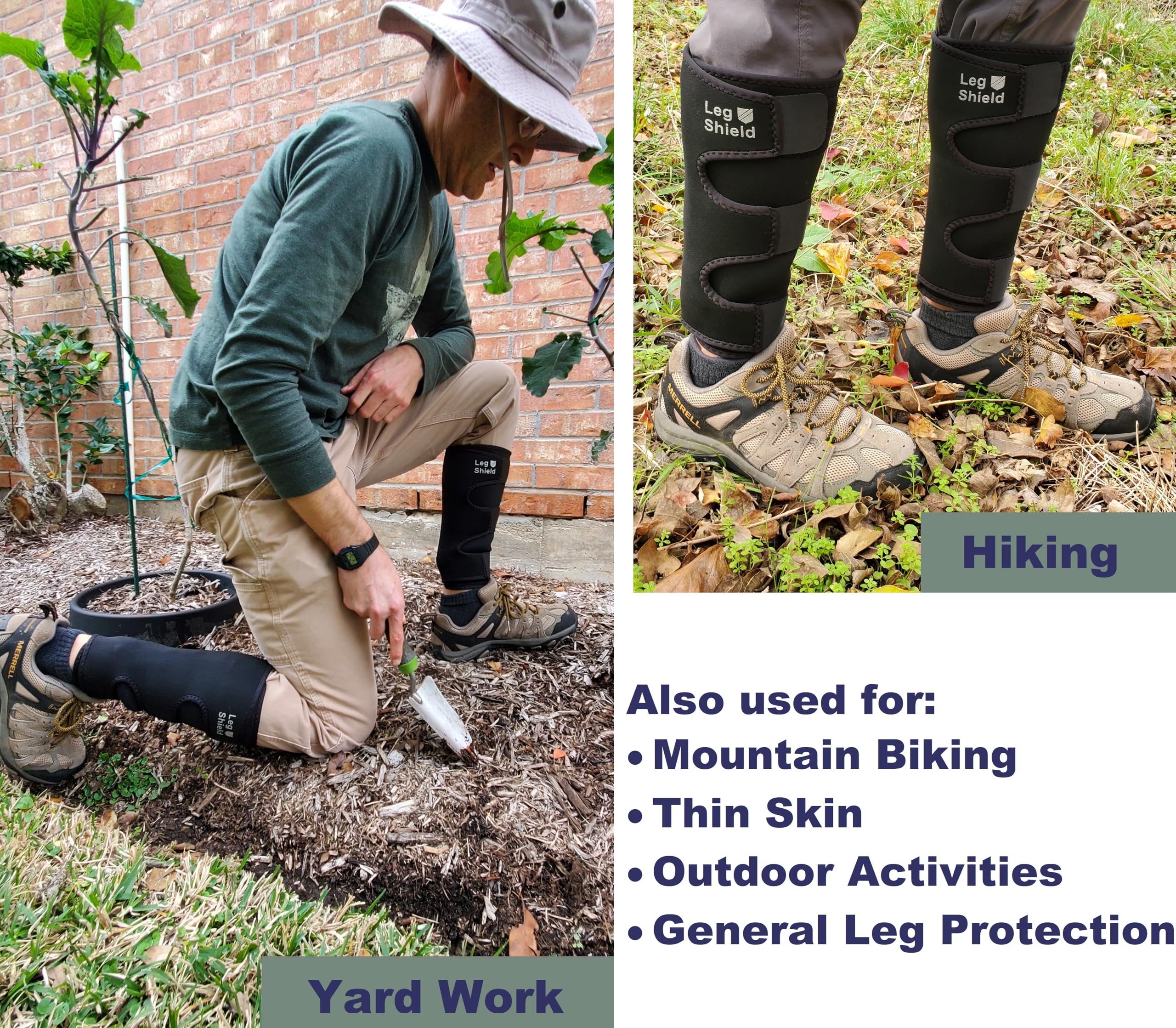 Leg Shield in use while gardening protecting shins from brush