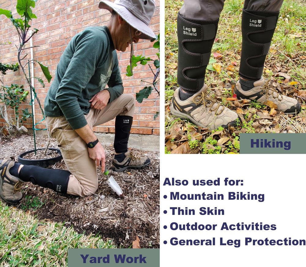 Leg Shield in use while gardening protecting shins from brush