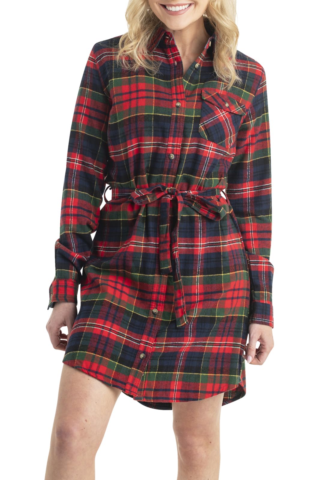 Legendary Whitetails front view of dress showing fit and button-front benefit
