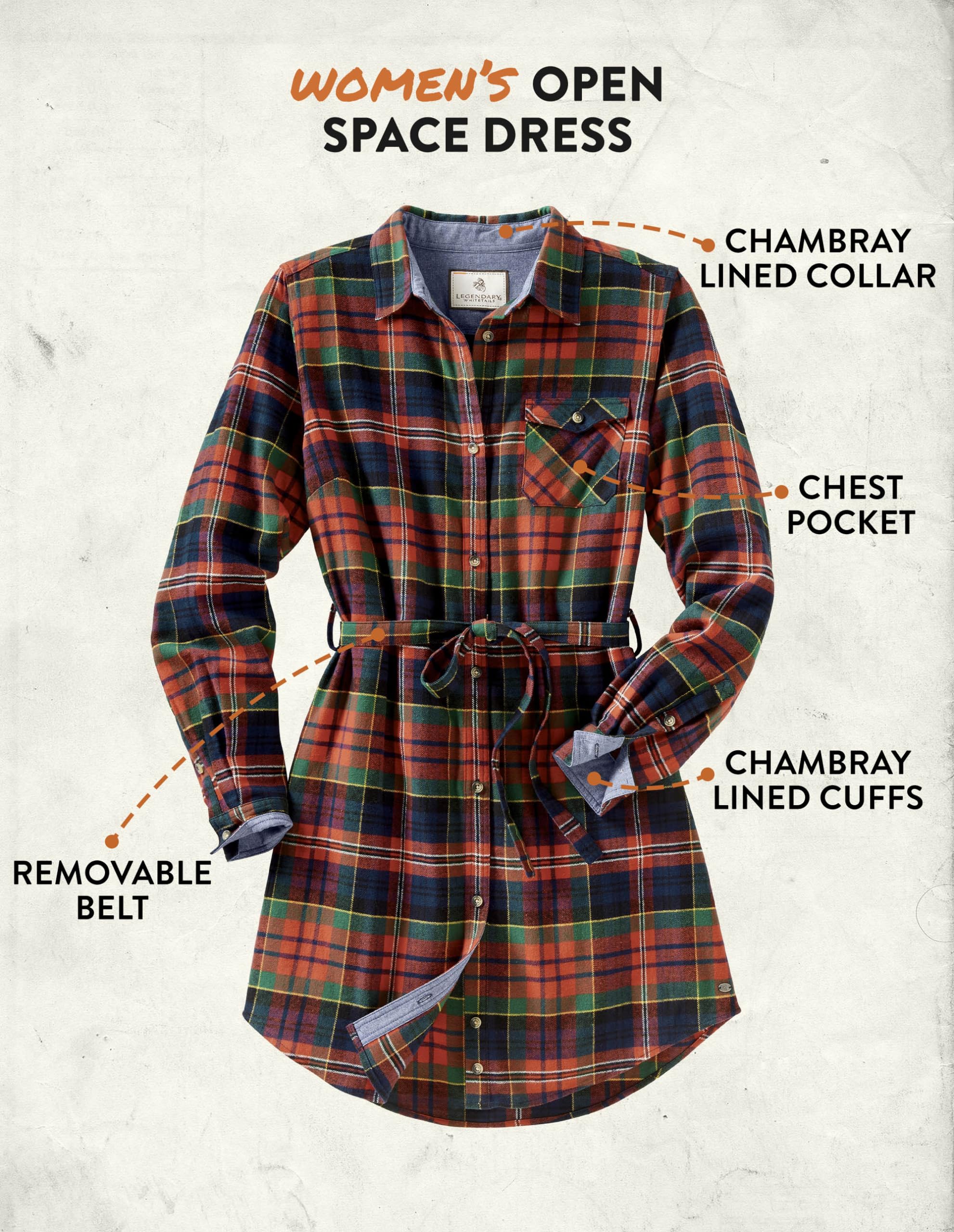 Legendary Whitetails flatlay with measurements for accurate size reference