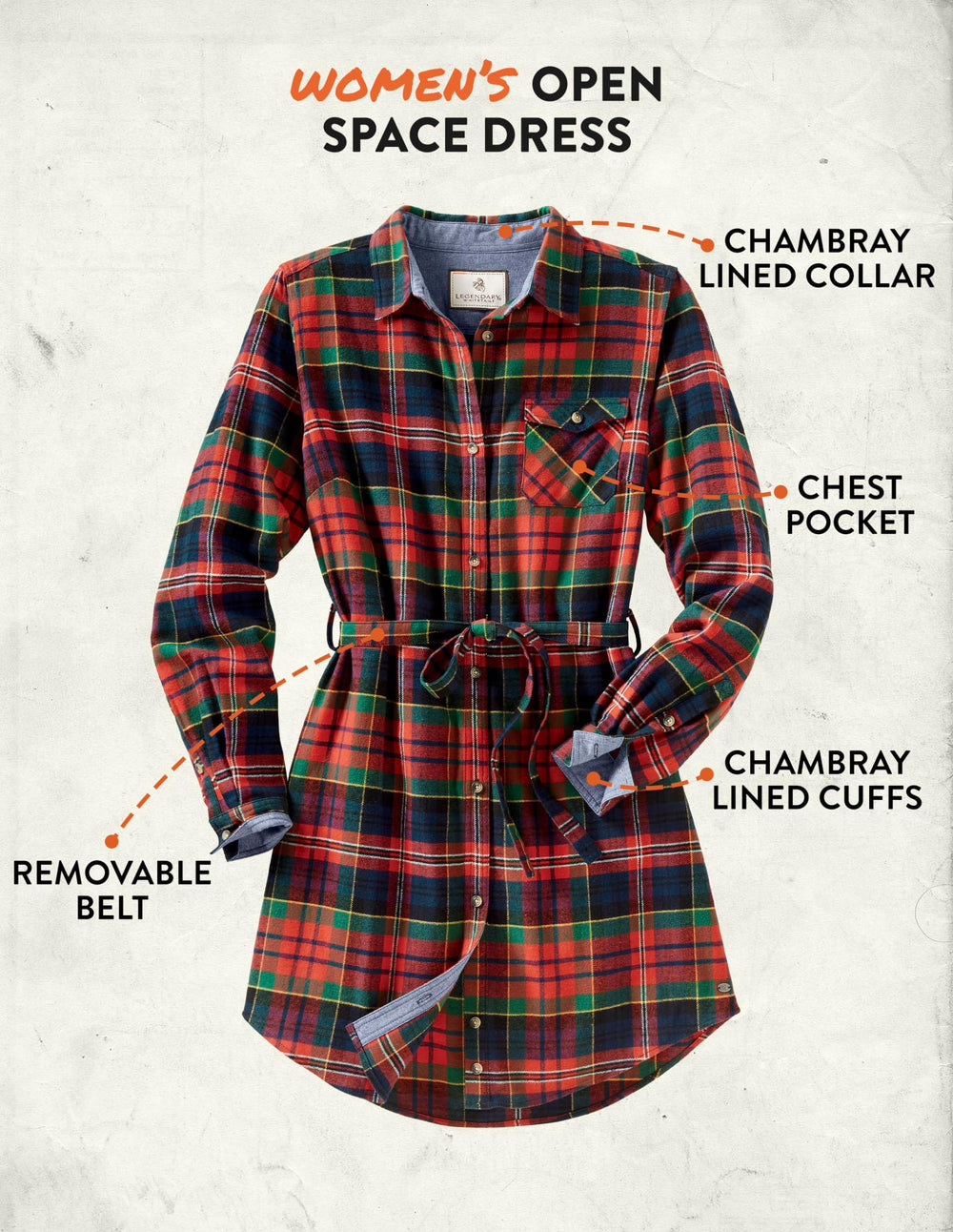 Legendary Whitetails flatlay with measurements for accurate size reference
