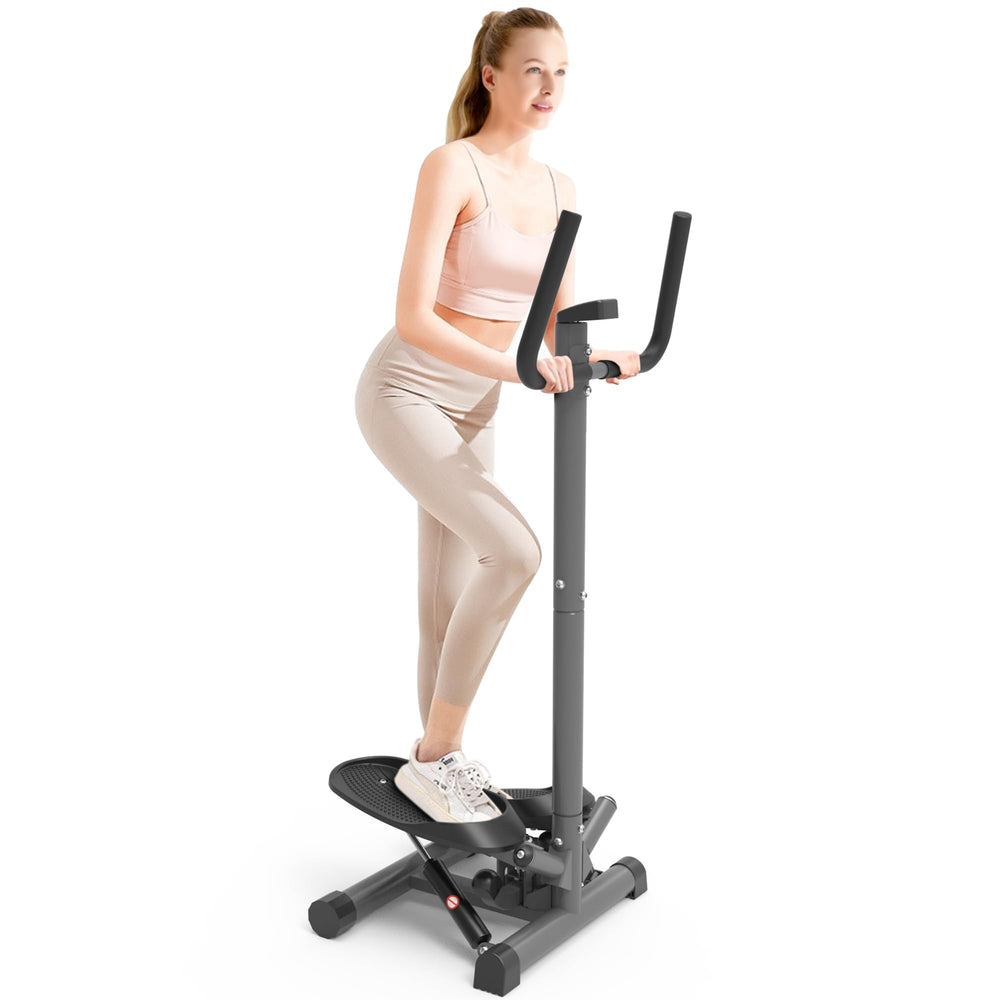 leikefitness front view of stepper showing stable frame and handbar benefit stability