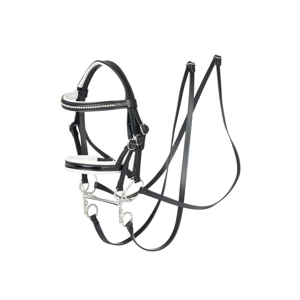 LeMieux double bridle front view showing full leather set and two reins for realistic play