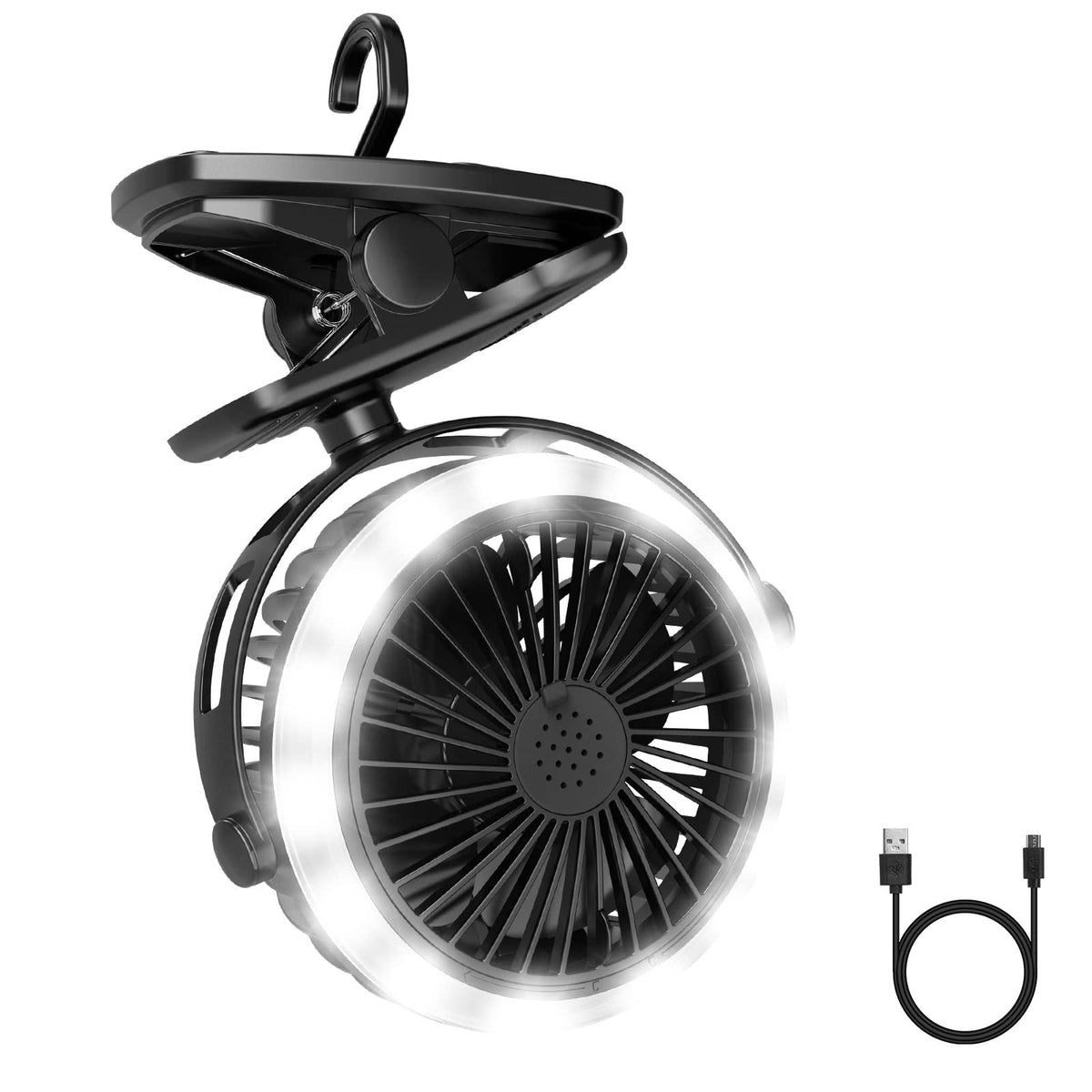 Lepro front view of lantern and fan showing controls and light for easy setup