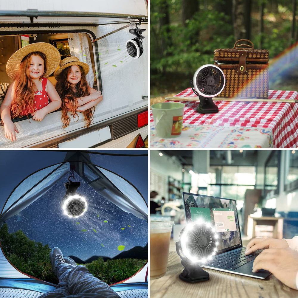 Lepro hanging inside a tent providing hands-free light and airflow during night use