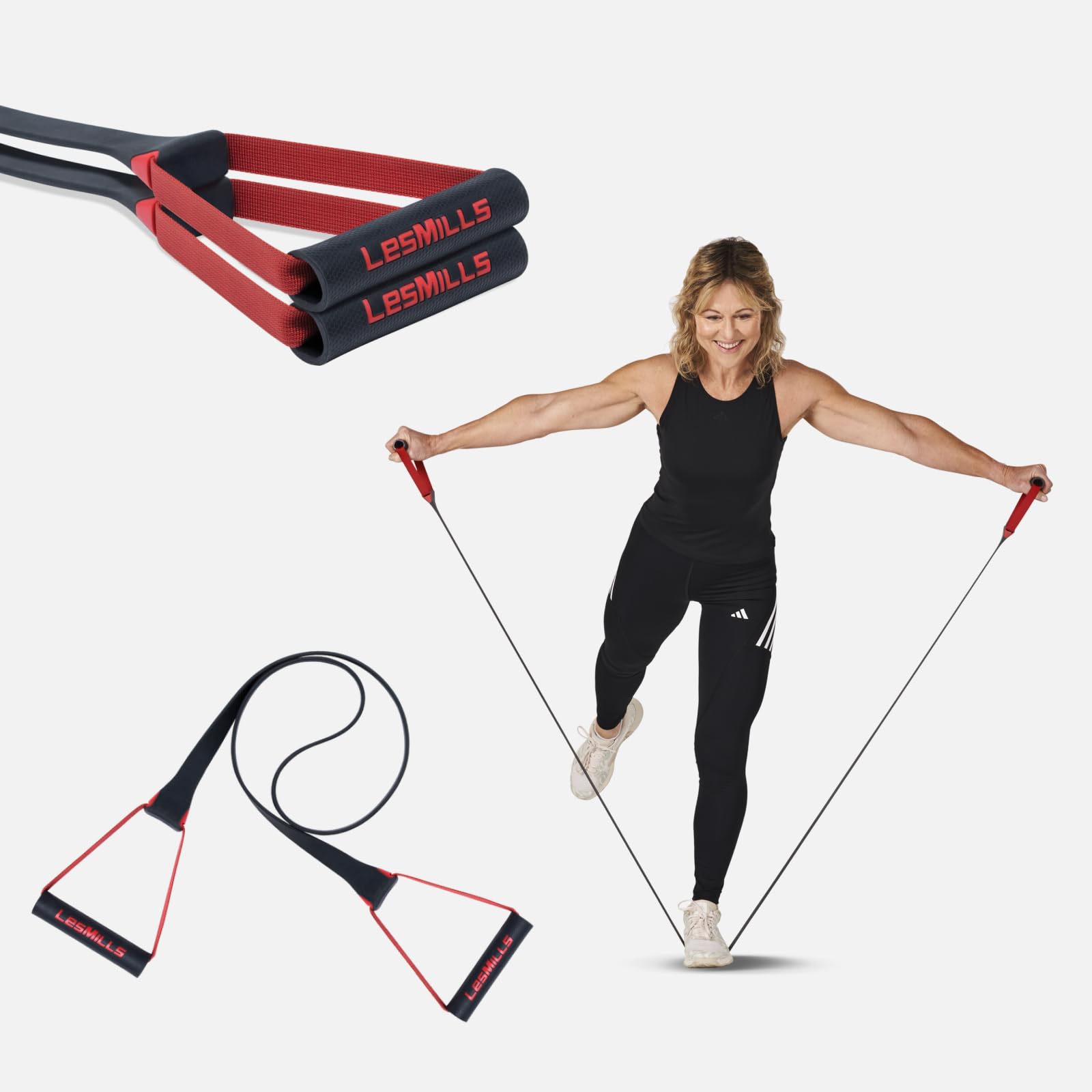 Les Mills SMARTBAND front view showing band and handles, highlighting stable grip benefit
