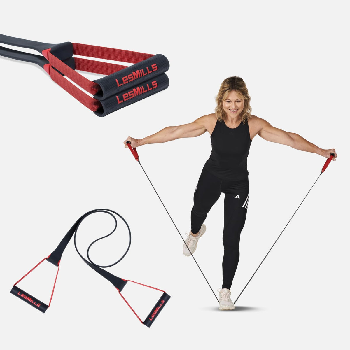 Les Mills SMARTBAND front view showing band and handles, highlighting stable grip benefit