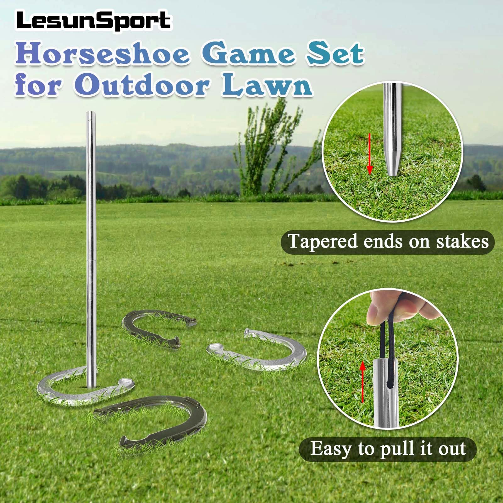 LesunSport nylon carry bag open with horseshoes and stakes, convenient transport
