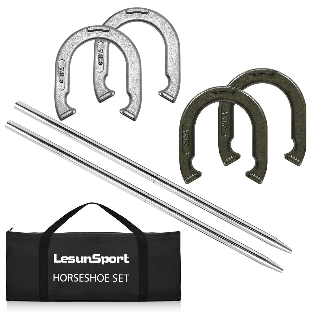 LesunSport front view of set showing horseshoes and bag, durable outdoor play