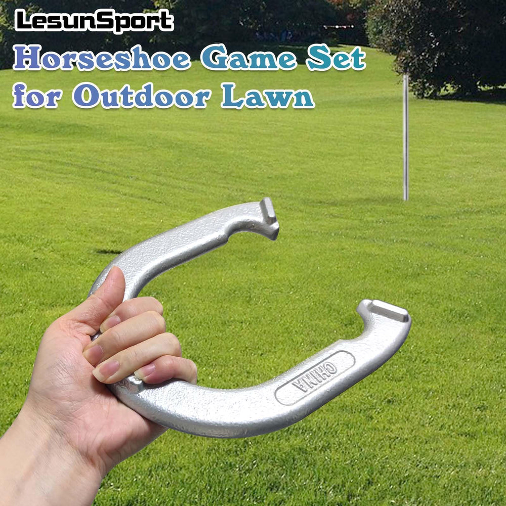 LesunSport horseshoe held in hand for scale, illustrates regulation weight