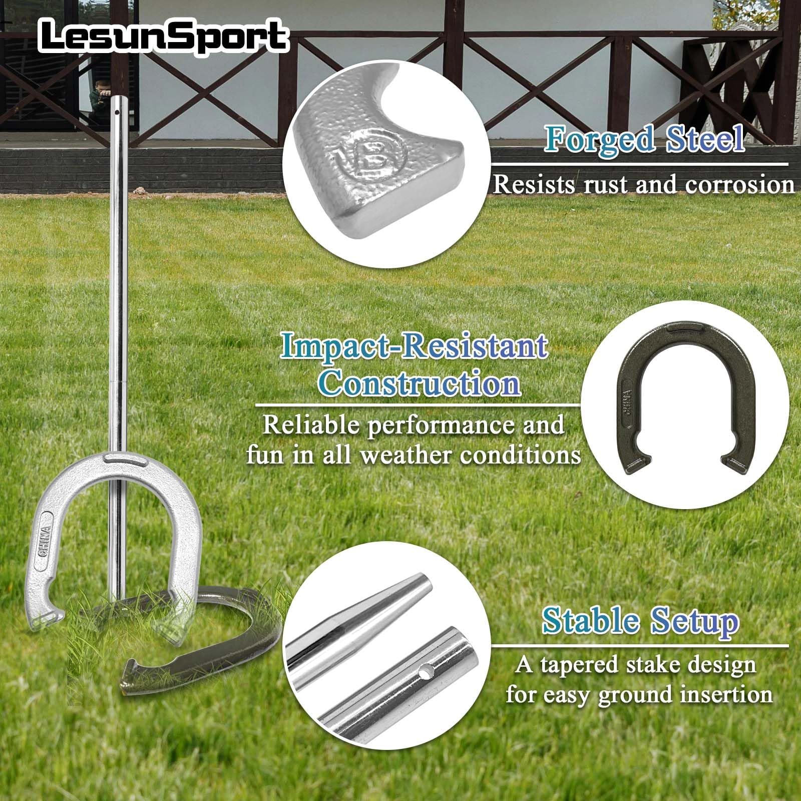 LesunSport tapered steel stake driven in grass, provides stable anchoring