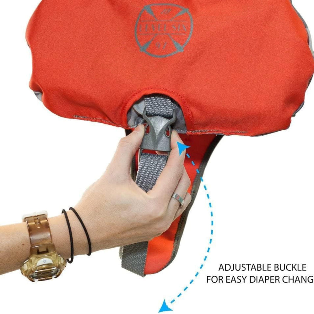 Level Six puffer on infant in pool illustrating supervised flotation support