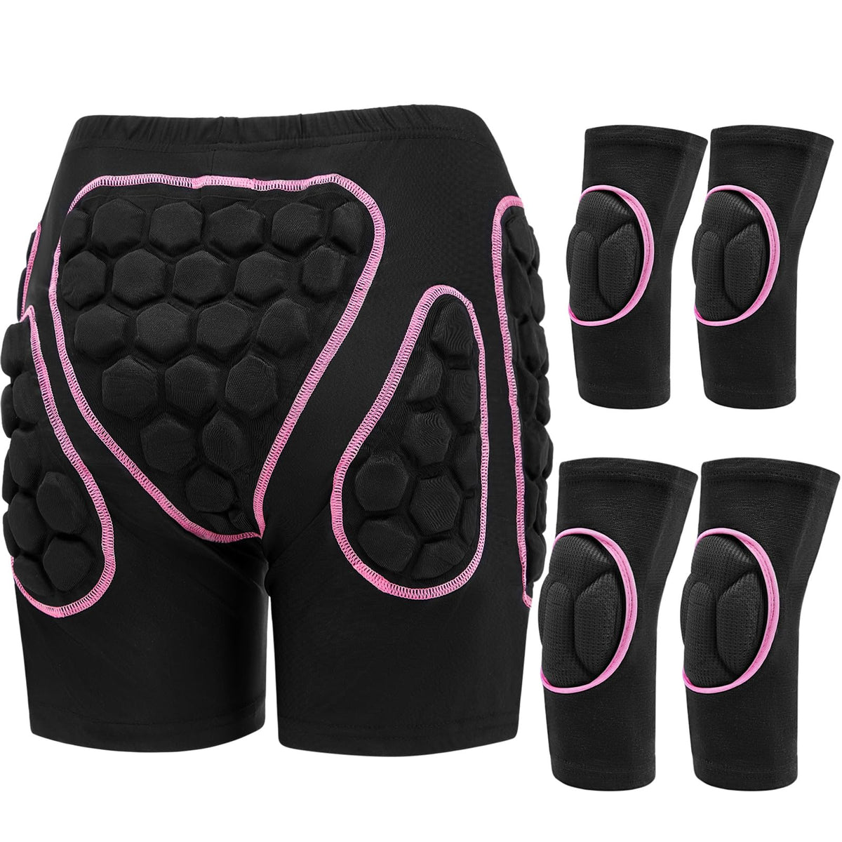 Lewtemi front view of the three-piece kit showing hip shorts and pads, clear protection
