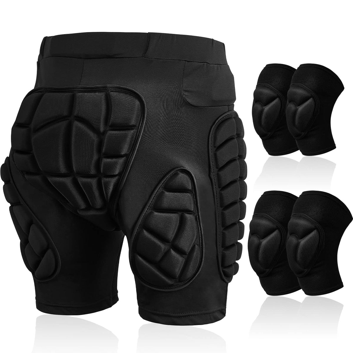 Lewtemi front view of black padded hip shorts and matching pads showing full kit benefits