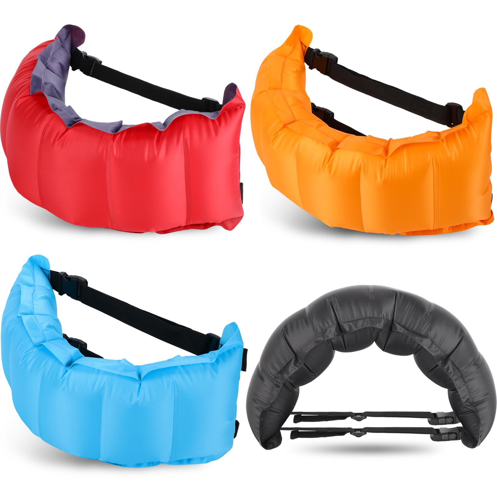 Lewtemi front view of four colored inflatable swim belts showing portability and set variety