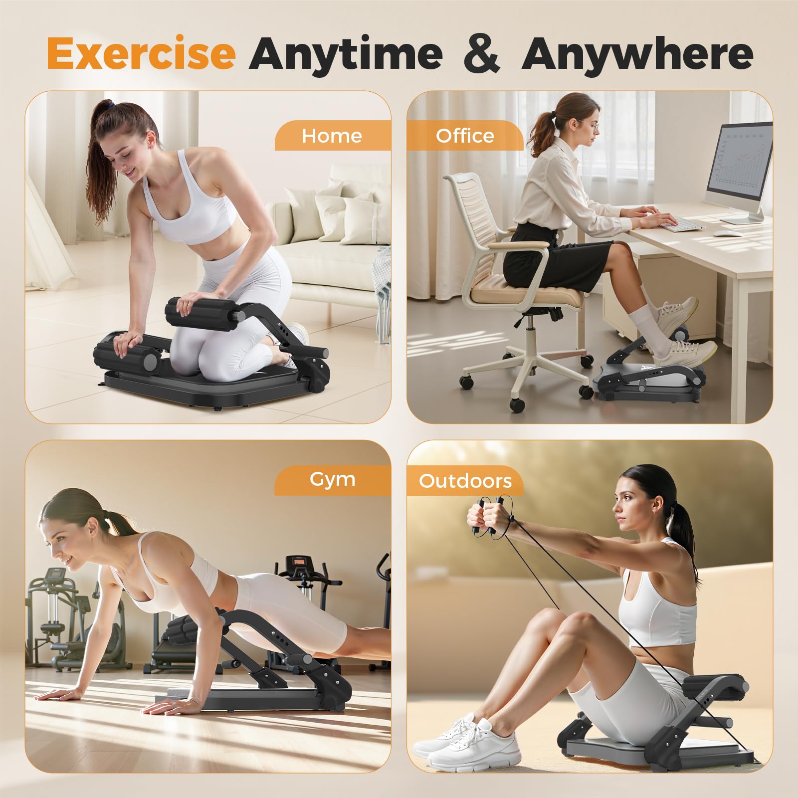 Leyeve ab machine beside a yoga mat for size comparison and quick portability benefit
