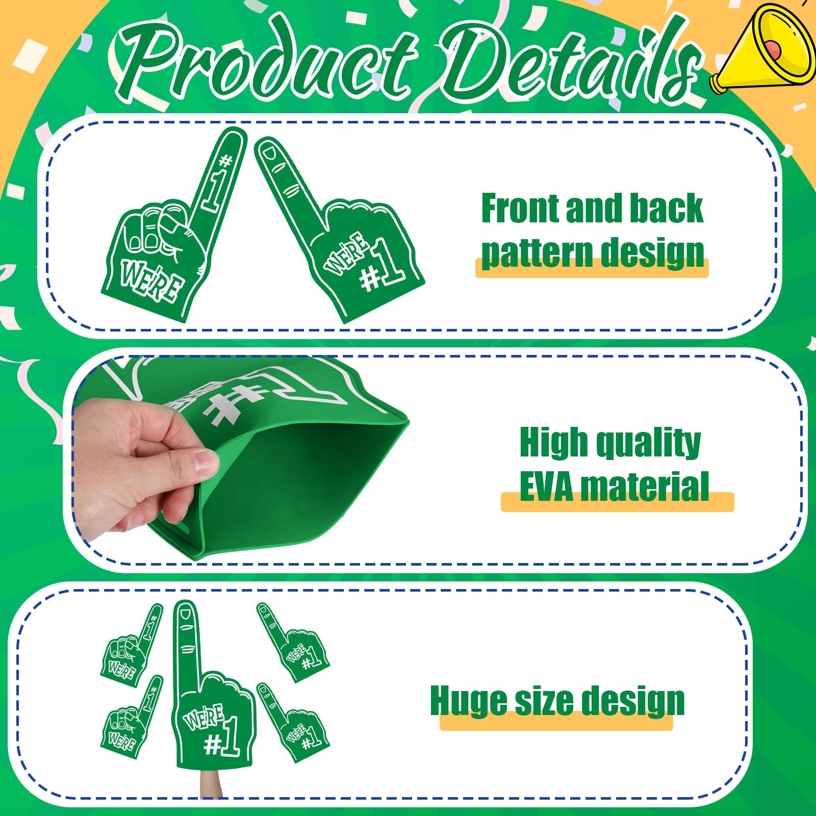 Leyndo foam finger held in hand demonstrating size and lightweight comfort