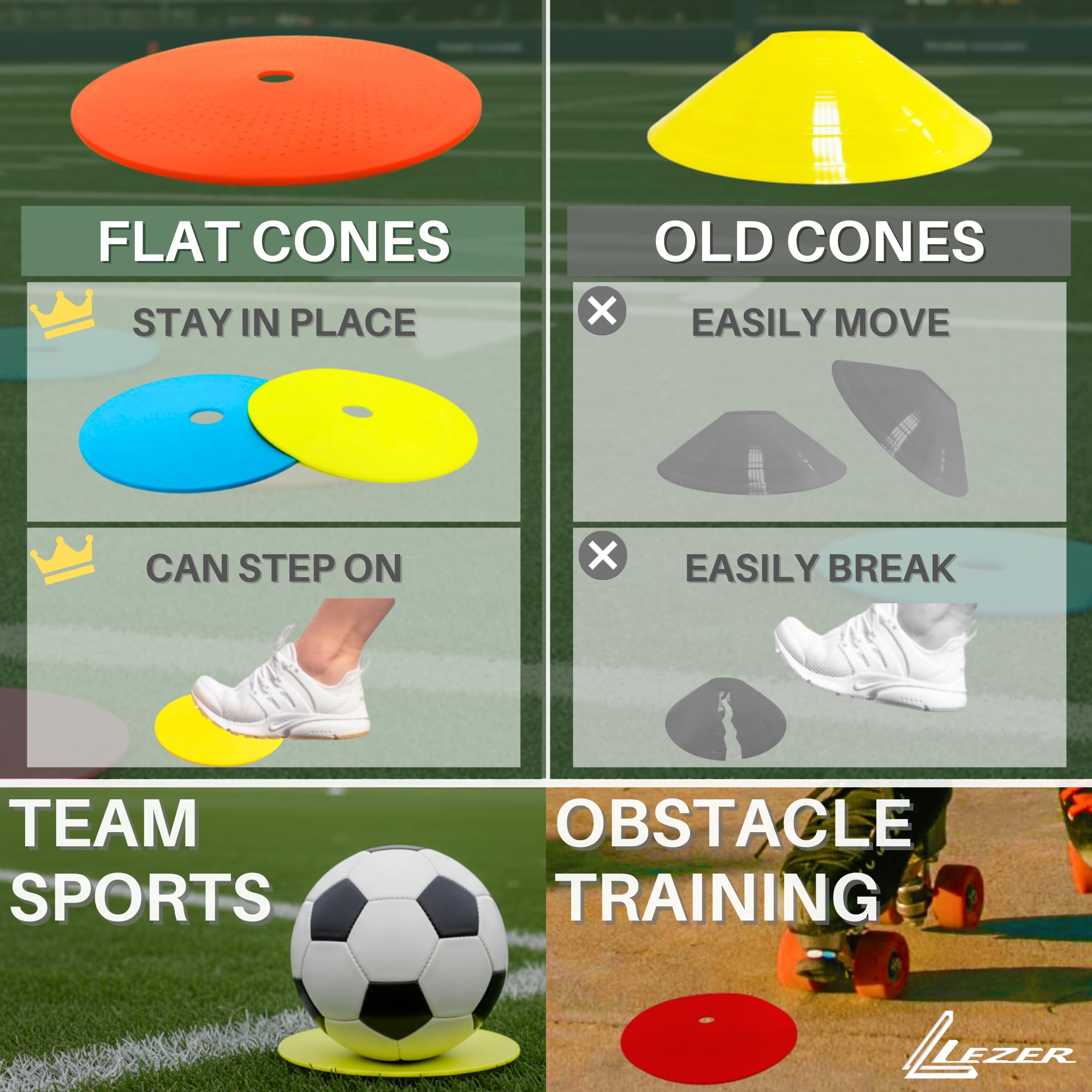 LEZER cones positioned on gym floor showing secure grip and safe indoor marking
