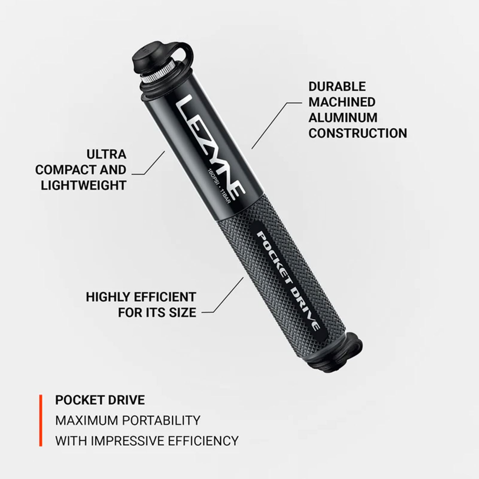 LEZYNE Pocket Drive HP mounted to bike frame demonstrating easy transport