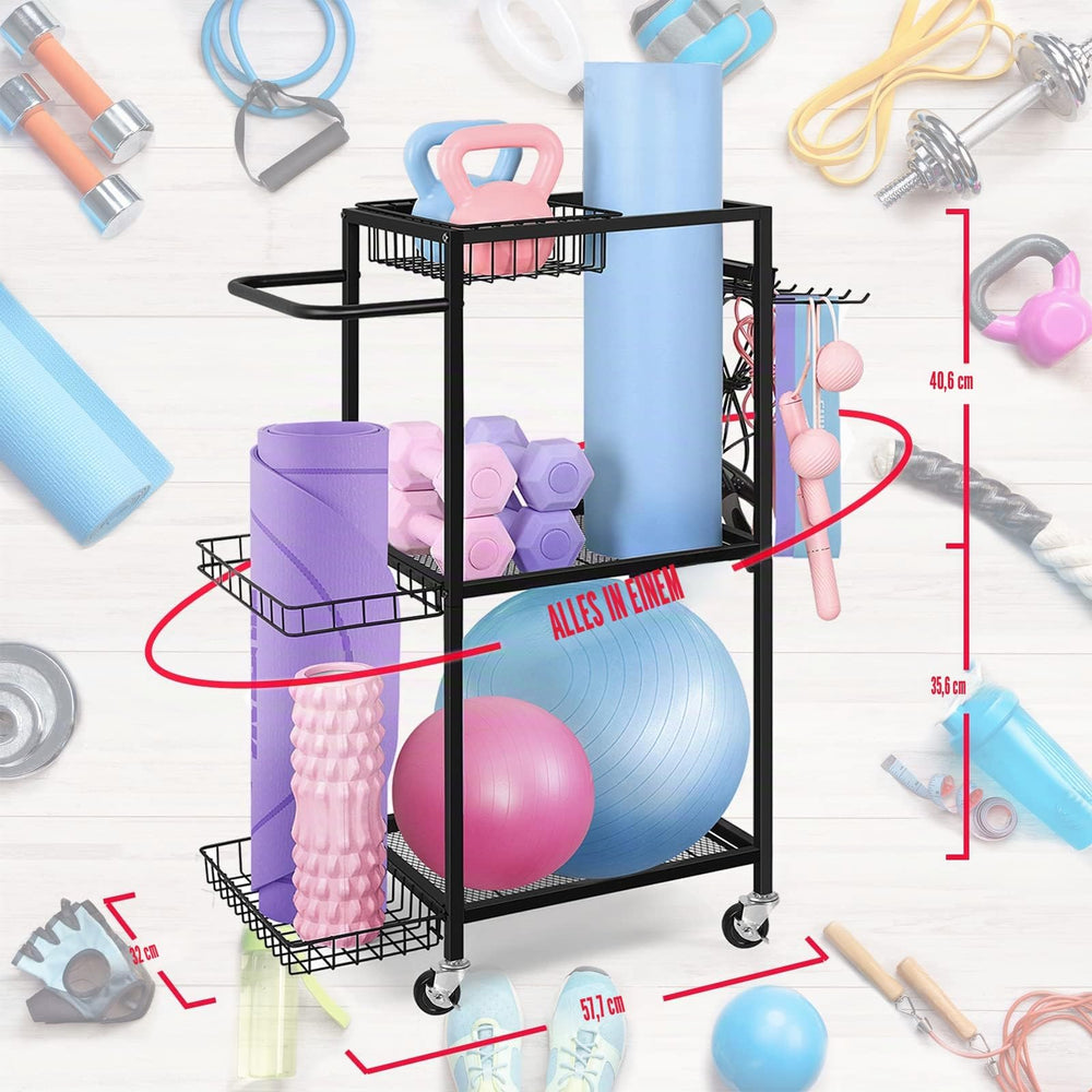 LIANTRAL side basket holding a rolled yoga mat and foam roller for tidy storage benefit
