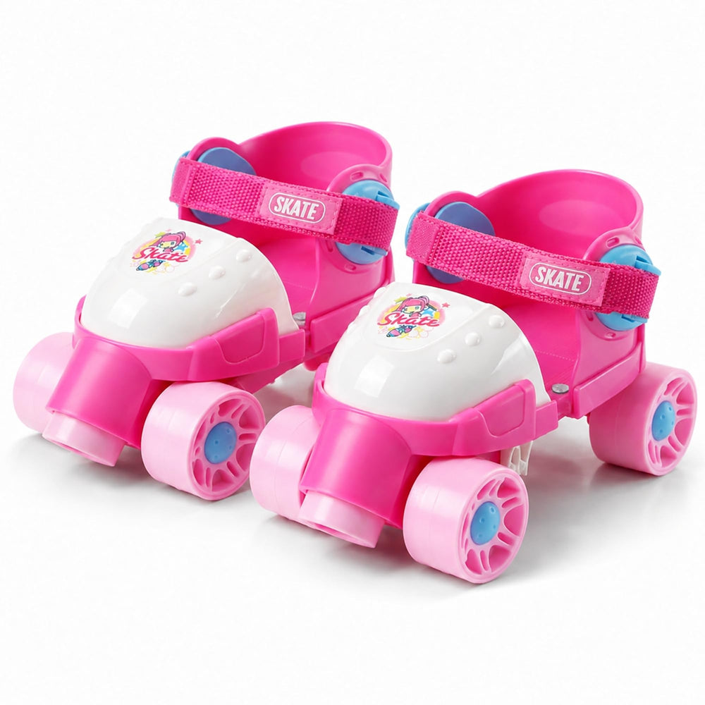 Liberty Imports front view pink skates showing secure fit and playful color