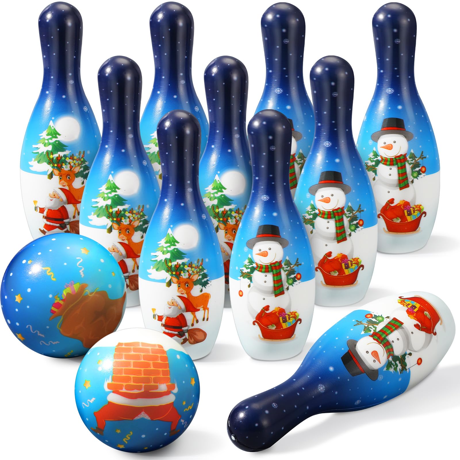 Libima front packaging showing full Christmas bowling set and colorful pins, playful gift benefit