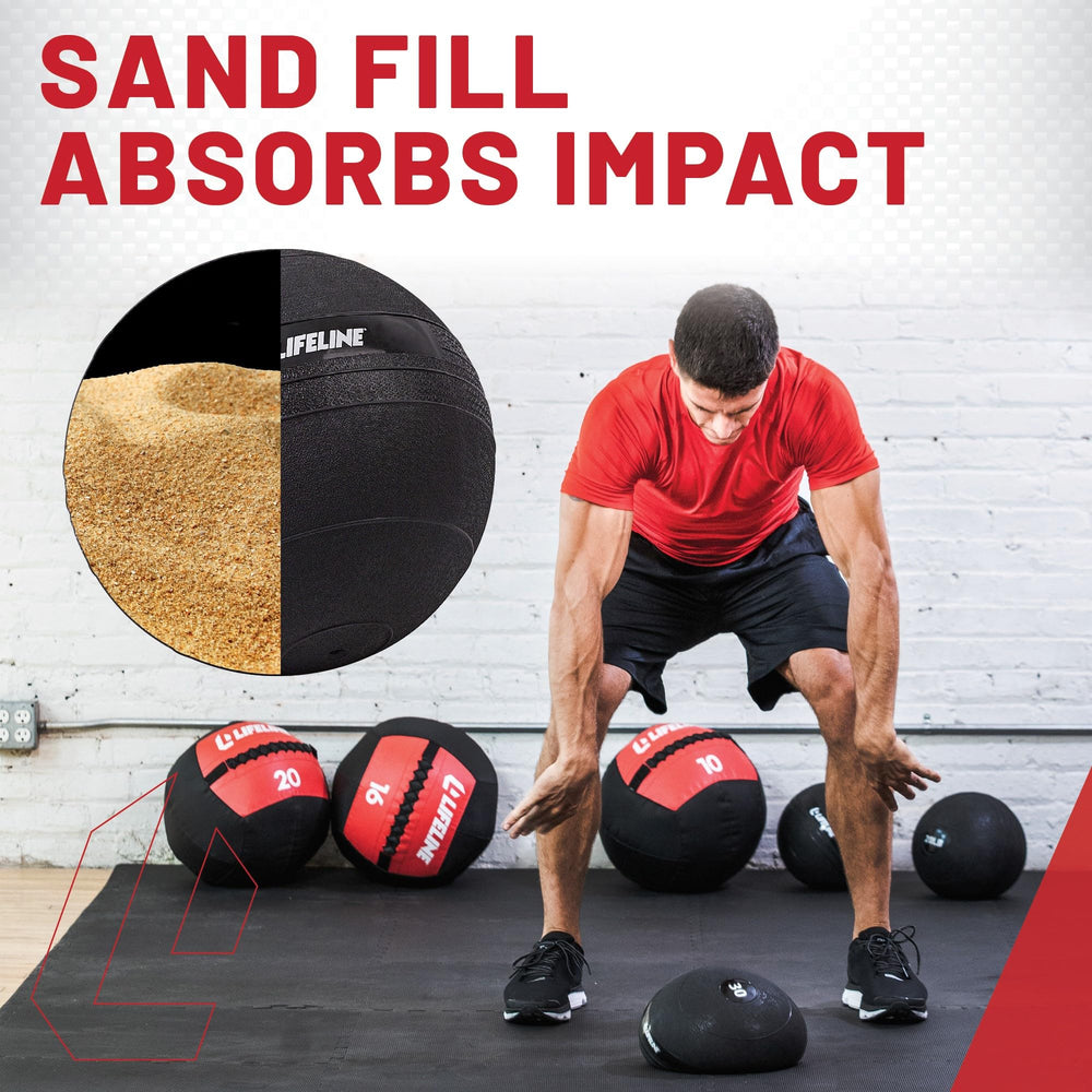Lifeline ball beside dumbbells to show scale and portability for versatile home workouts