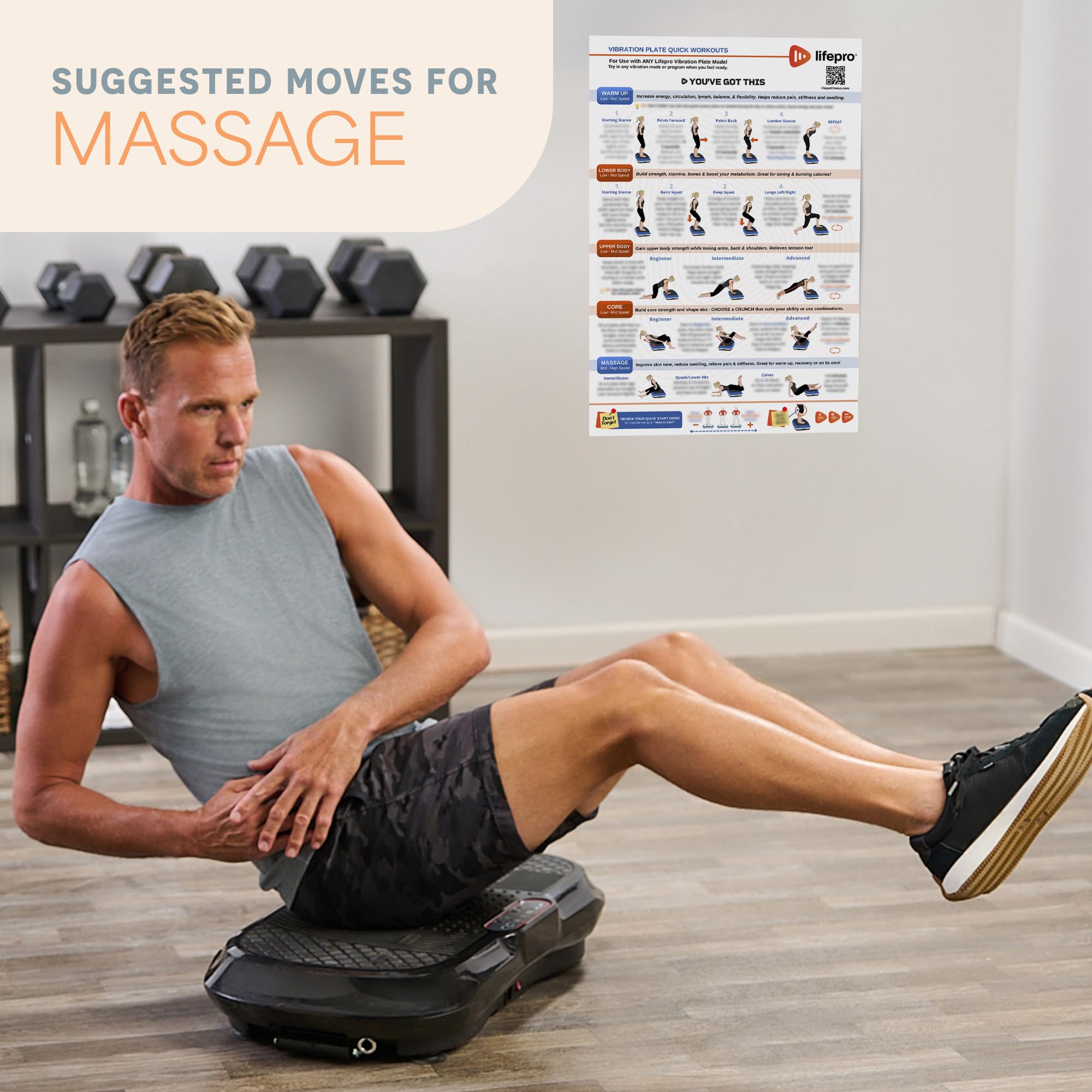 Lifepro poster leg position examples illustrating balance and circulation benefits