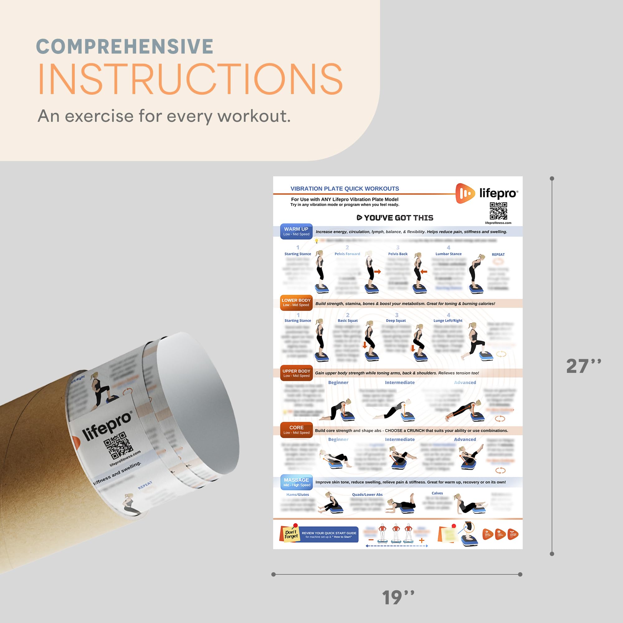 Lifepro poster size comparison placed beside vibration plate to show scale and fit