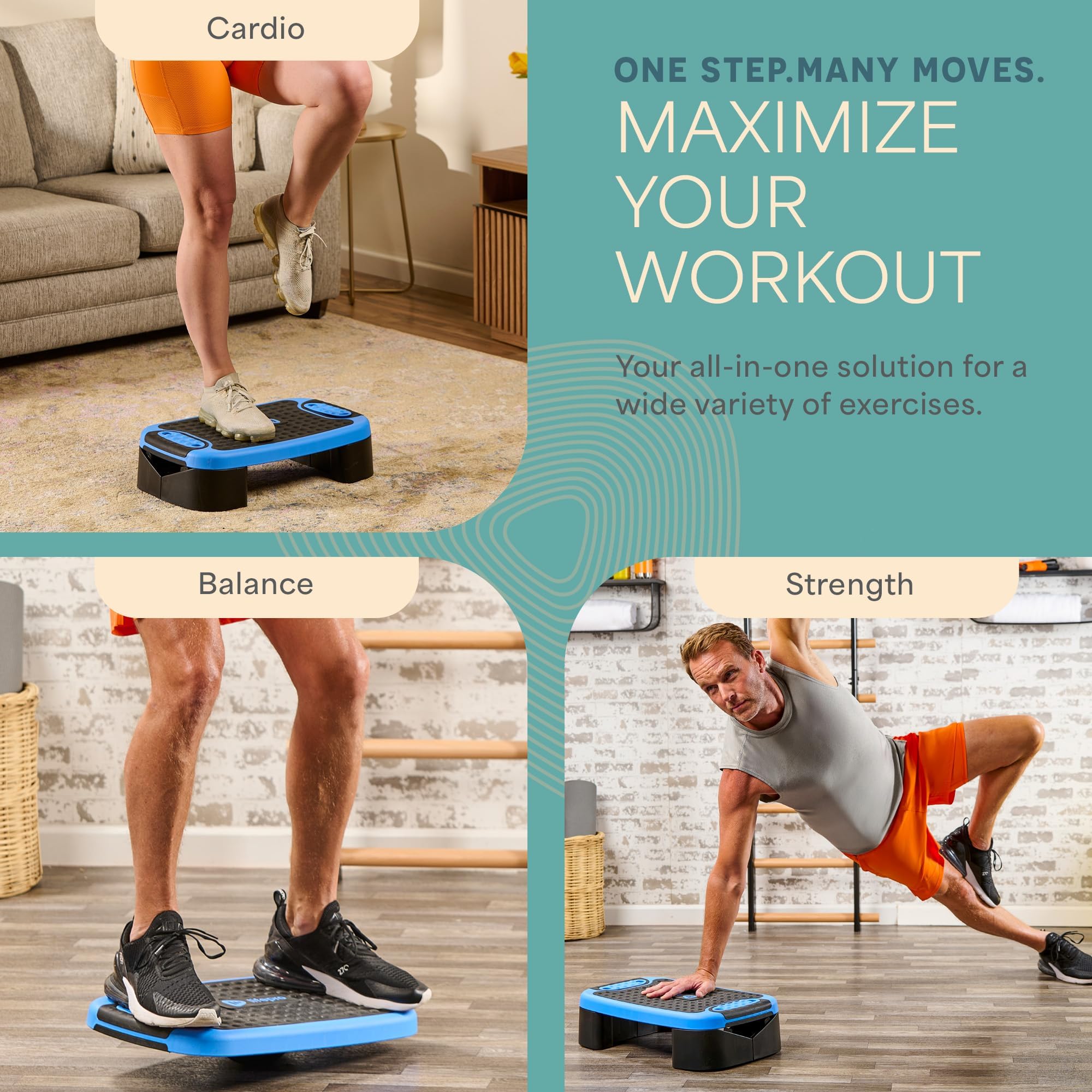 Lifepro platform next to a dumbbell showing compact size for small-space training