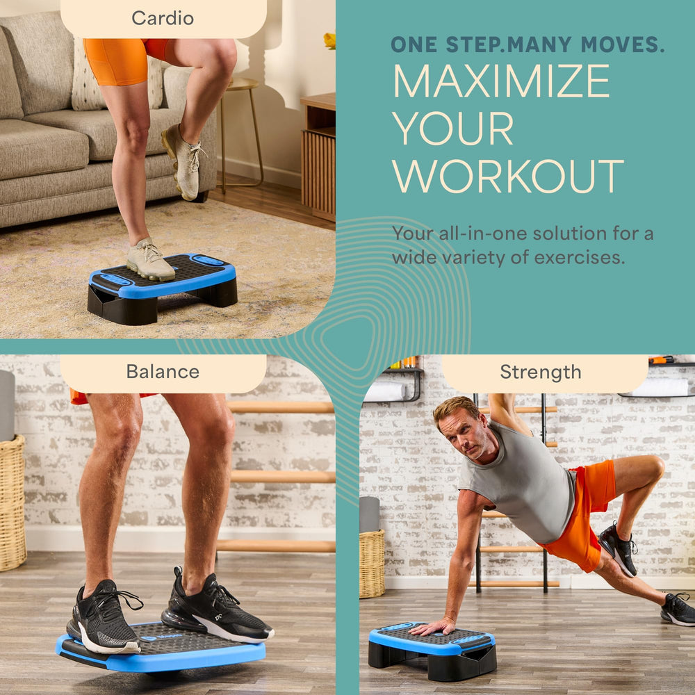 Lifepro platform next to a dumbbell showing compact size for small-space training