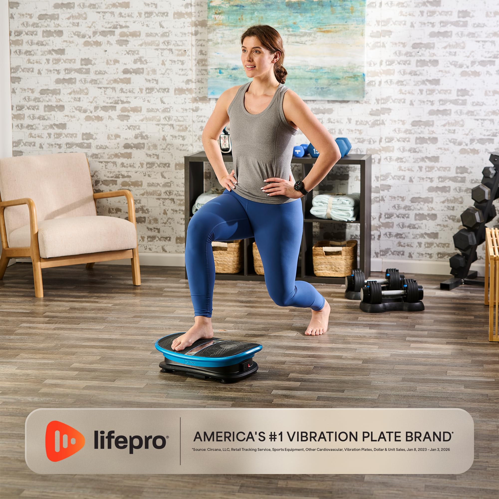 Lifepro user standing on the Vibra Voice Thermo showing hands-free voice-controlled activation