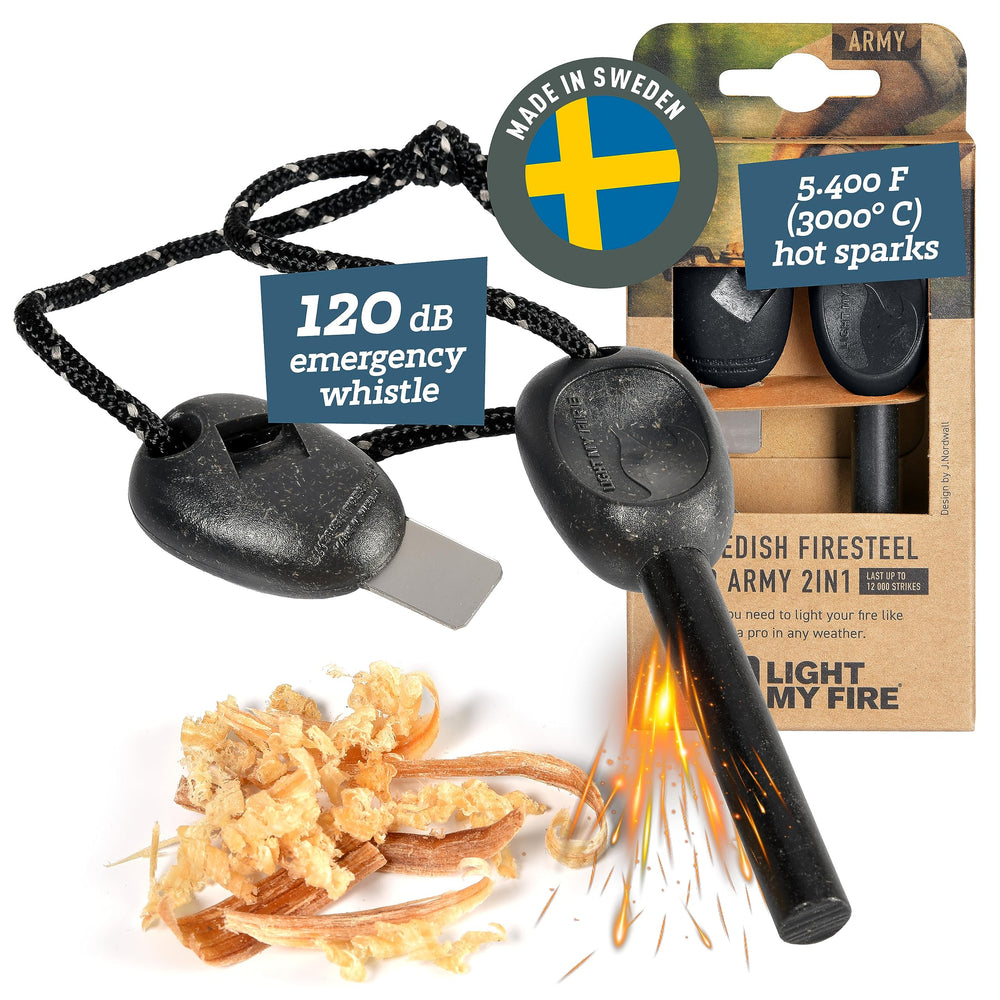 Light My Fire front packaging view showing compact slaty black fire starter and benefits