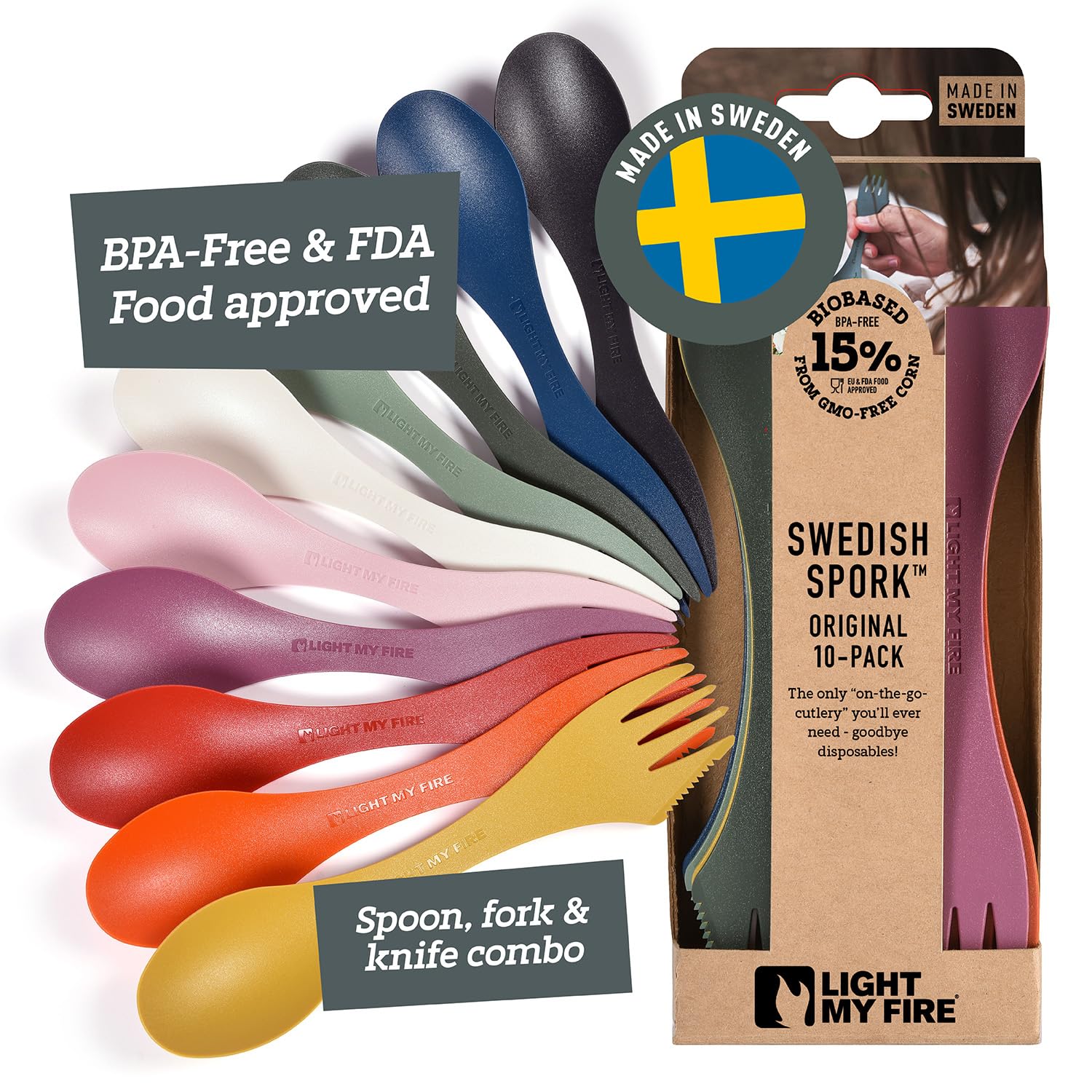 Light My Fire spork pack front view showing ten reusable utensils and compact packaging benefit