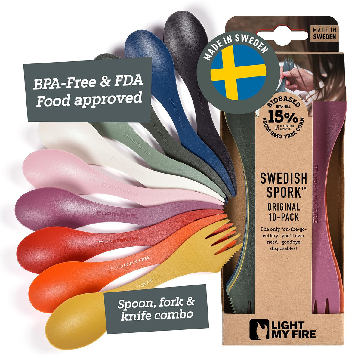 Light My Fire spork pack front view showing ten reusable utensils and compact packaging benefit