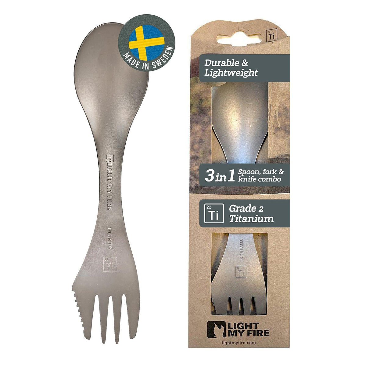 Light My Fire titanium spork front profile showing full 3-in-1 design and compactness