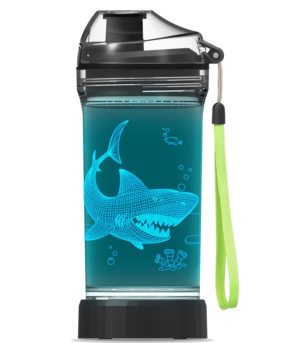 Lightzz shark water bottle front view showing glow design and capacity benefit