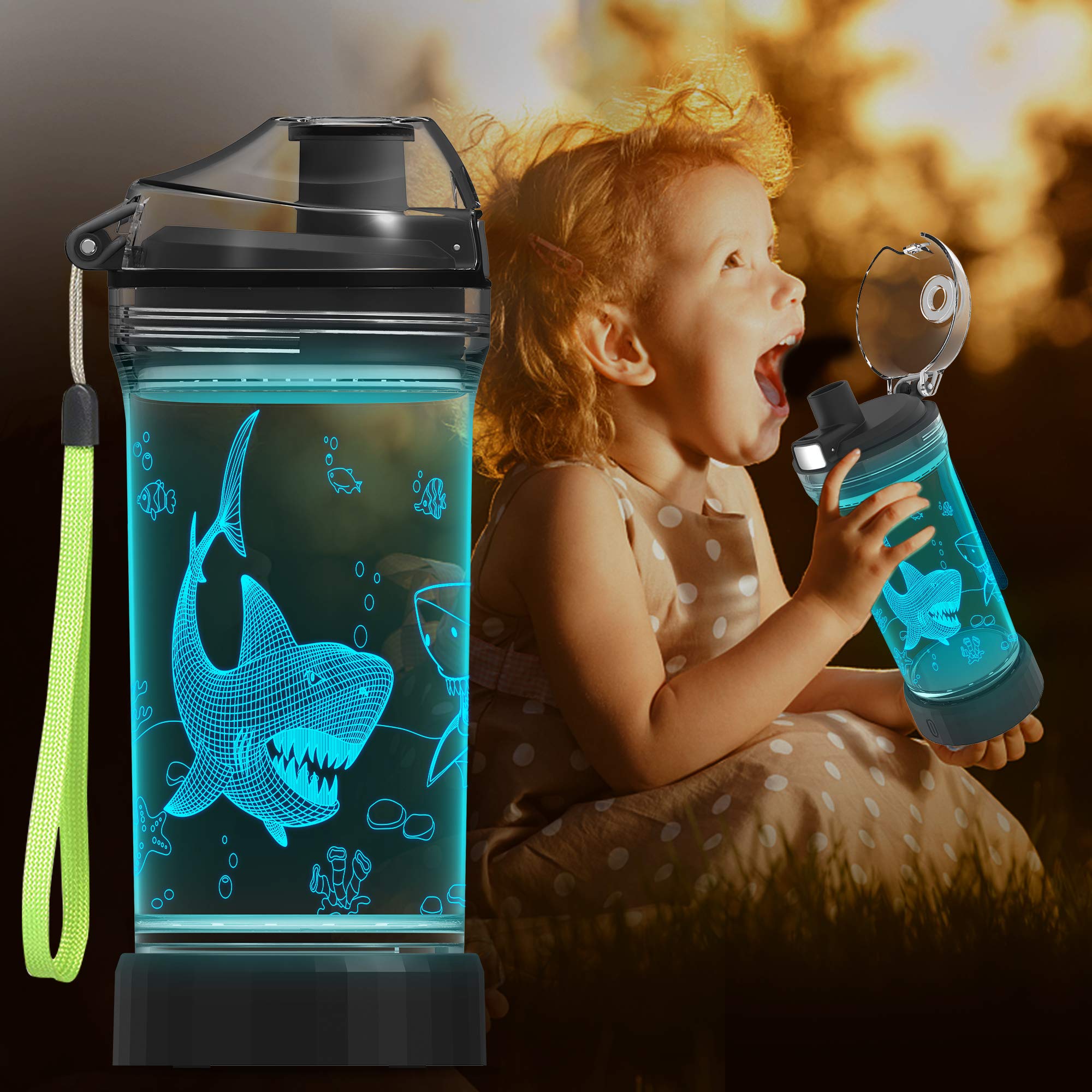 Lightzz shark bottle LED base illuminated demonstrating fun nighttime visibility