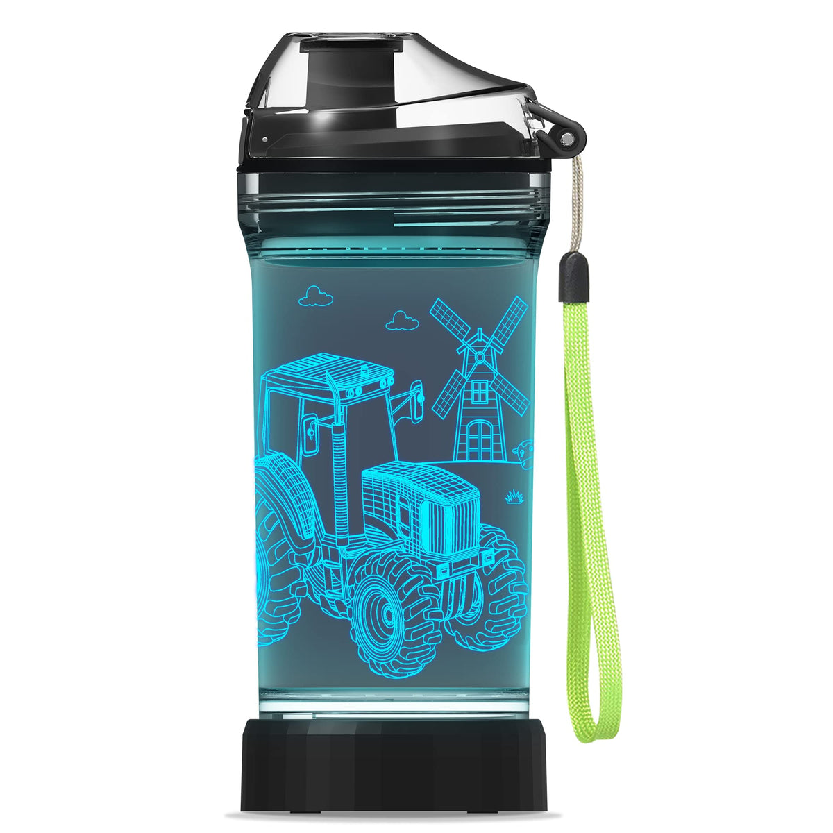 Lightzz tractor bottle front view showing tractor design and clear Tritan body for visibility